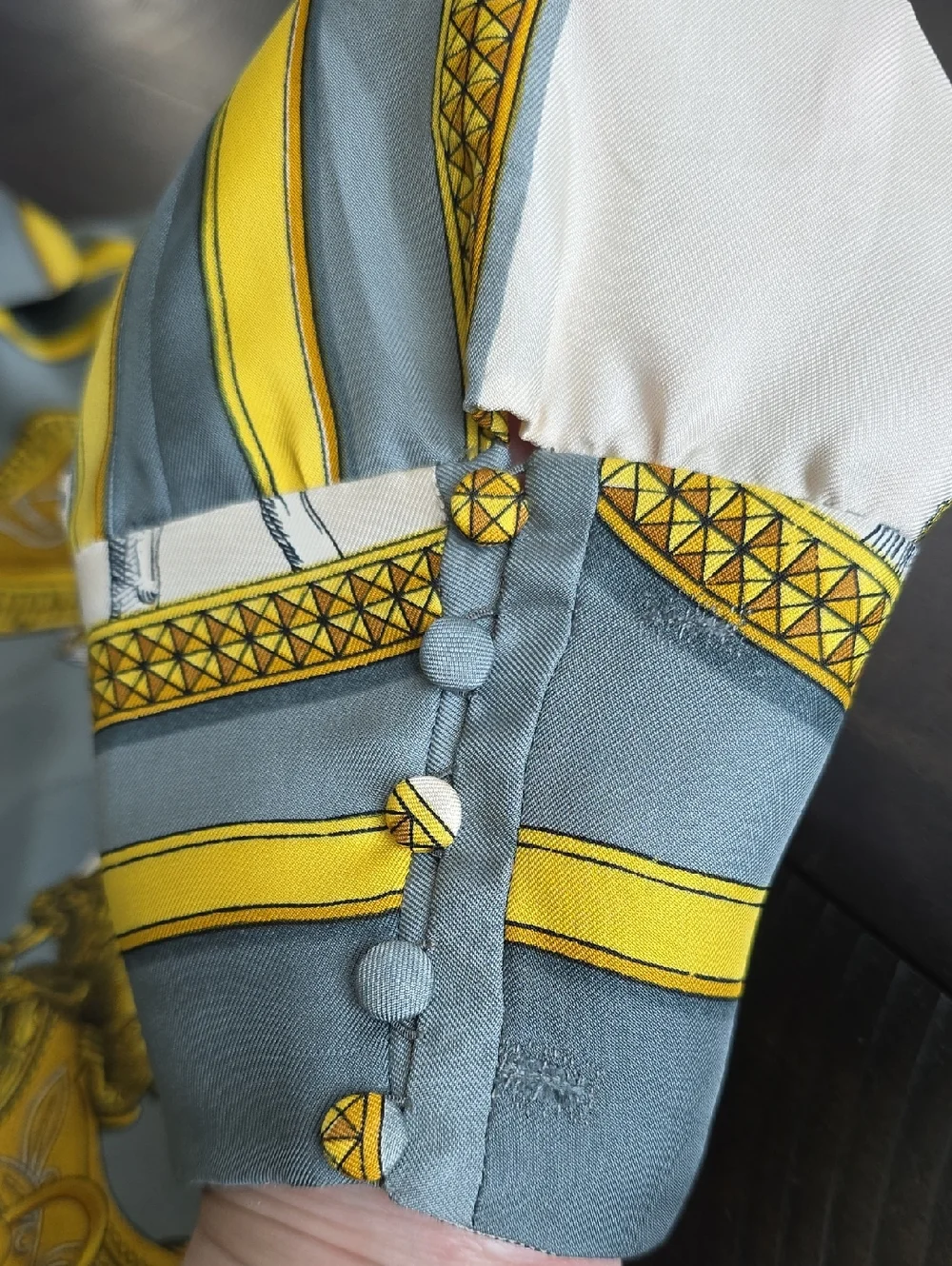 VTG Hermes 100% Silk Button-Up Blouse Equestrian Print Gray Yellow Authentic, 44 - Picture 8 of 15